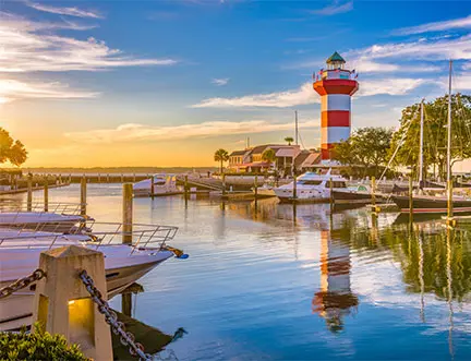 Lighthouse and marina in Hilton Head, SC